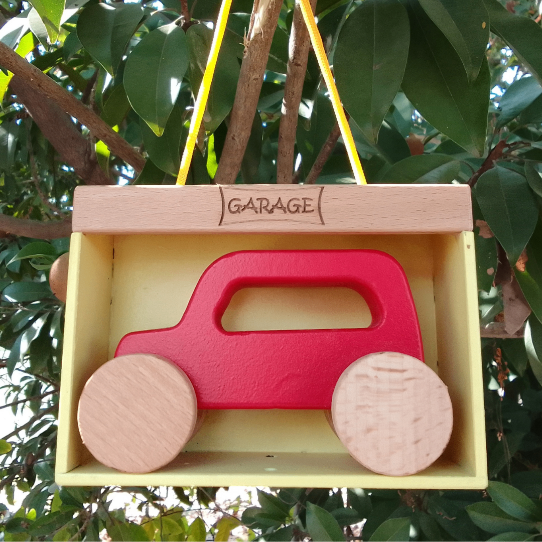 Wooden Red Jeep Toy With Garage