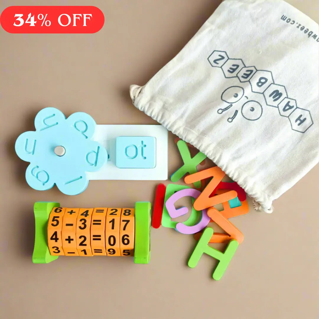 Wooden 3 Letter Words Toy, Math Wheel And English Alphabet Combo