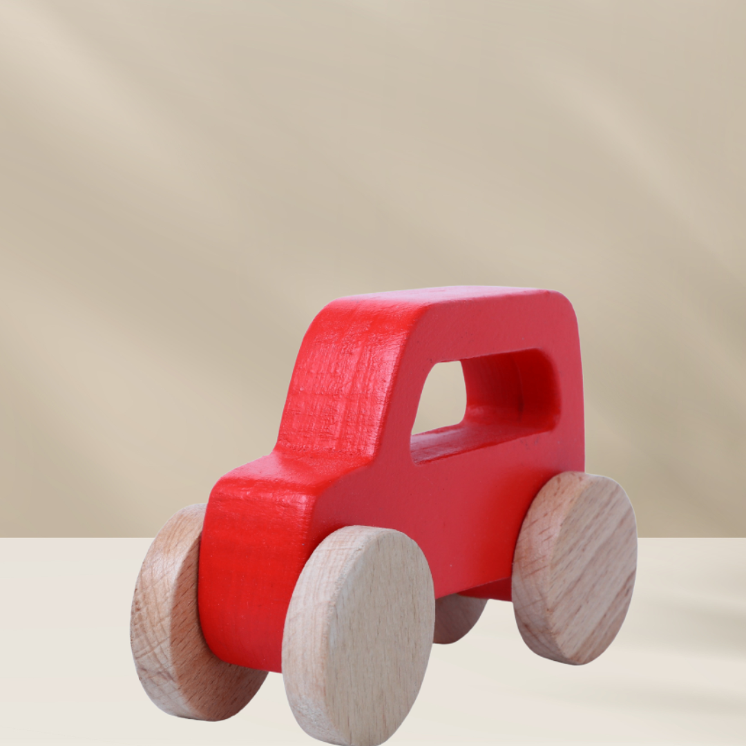 Wooden Red Jeep Toy With Garage