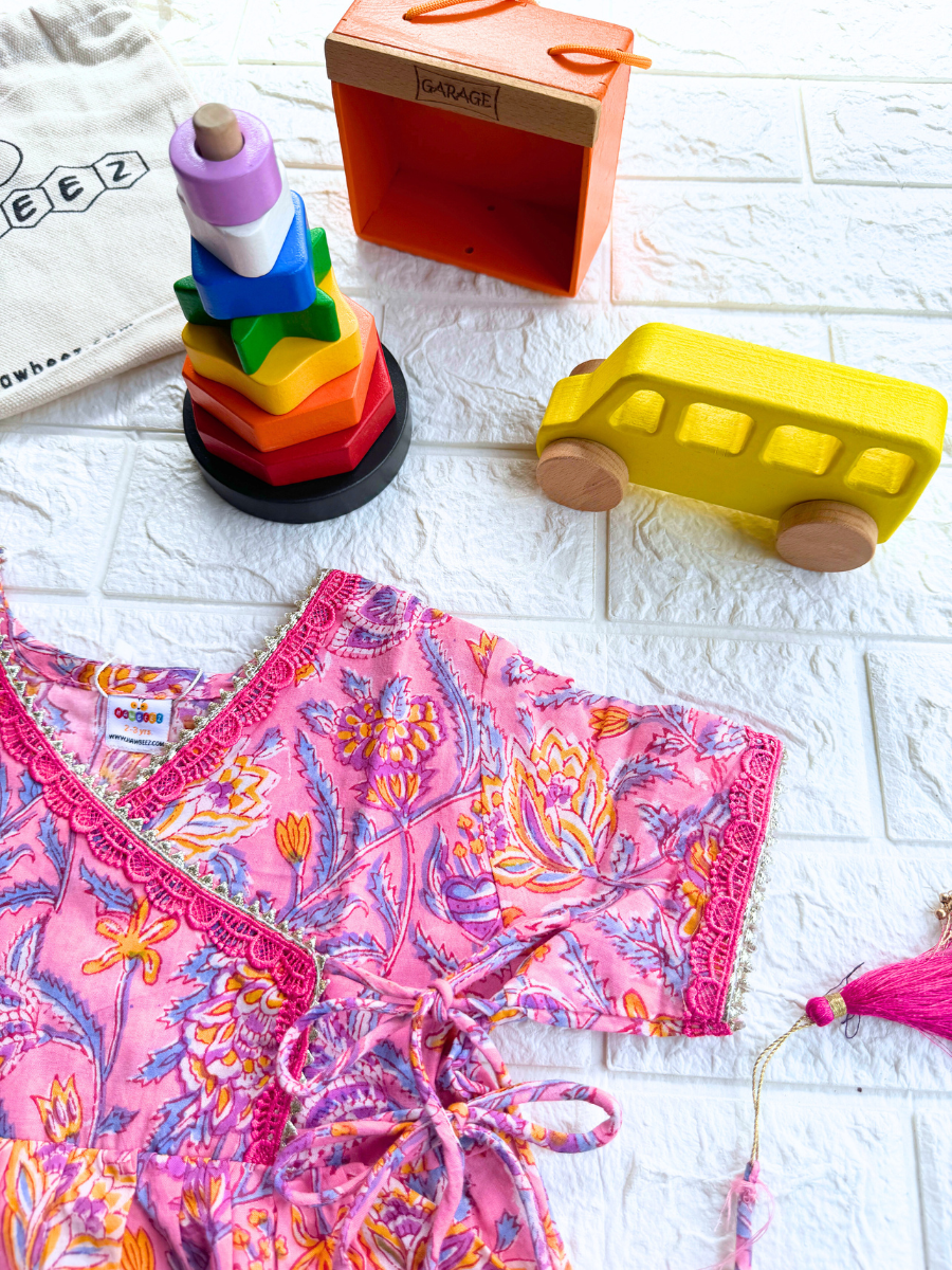 Pink hand block print cotton dress, yellow bus and multi shape stacker combo