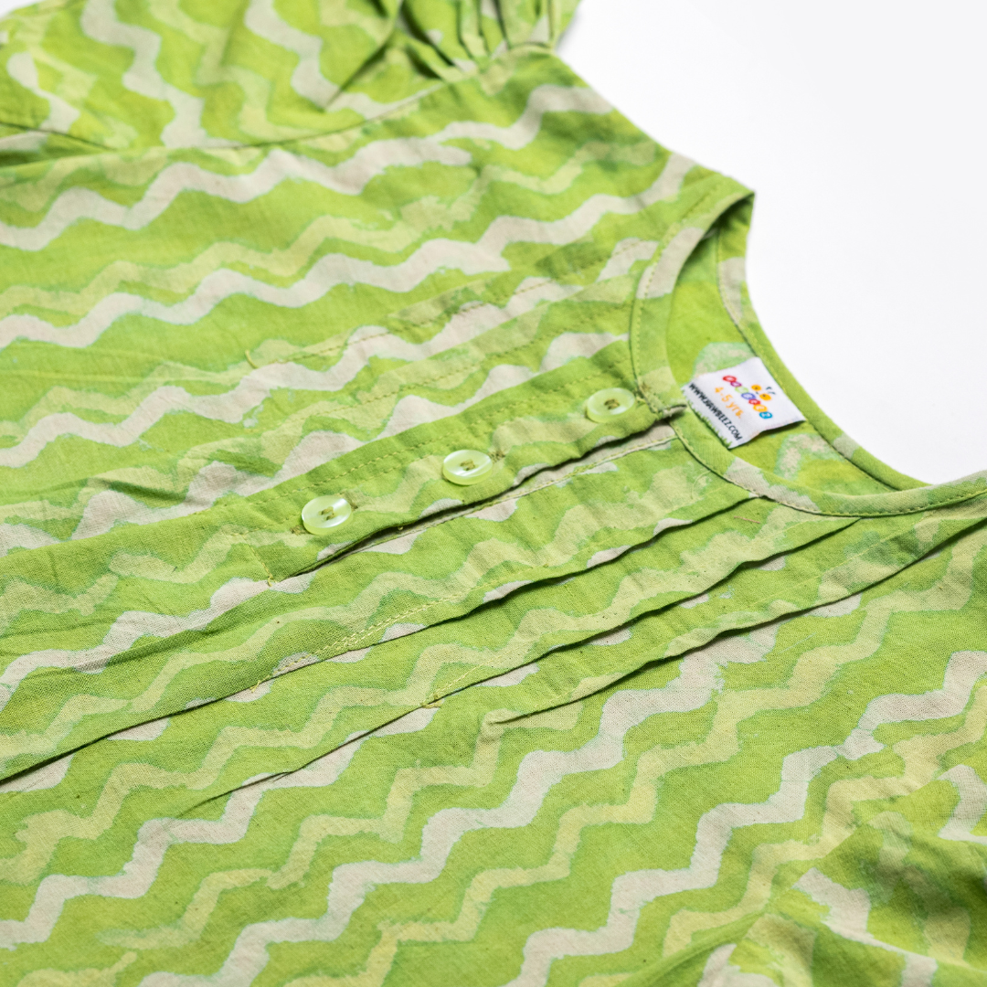 Zigzag Greenery Dabu Print Cotton Frock