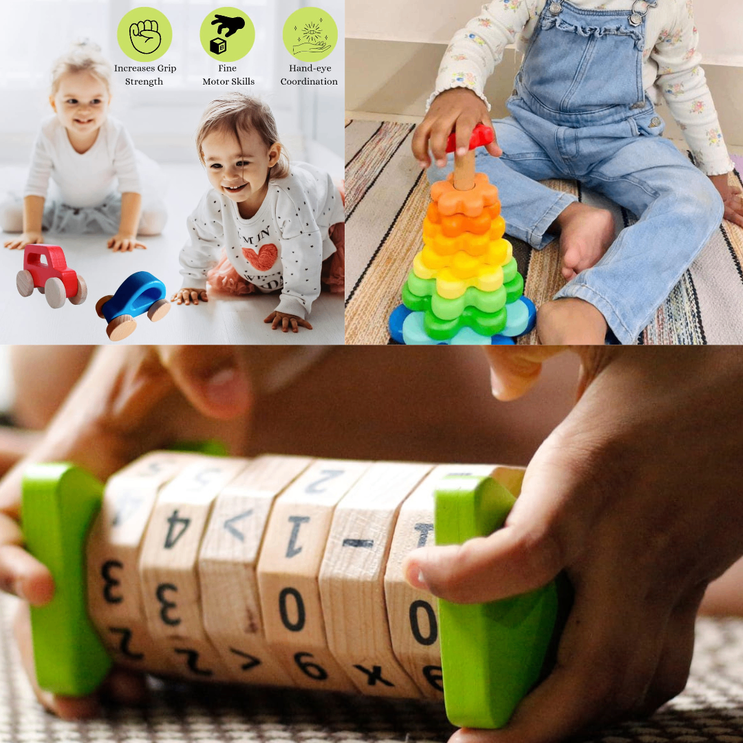 Math Wheel, Flower Tower Stacker And Wooden Car With Garage Combo