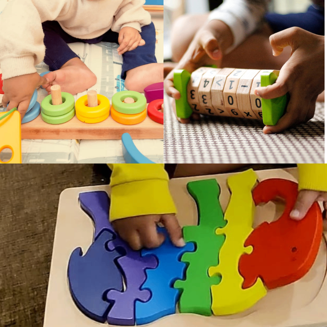 Wooden Puzzle Tray-Elephant, Math Wheel And Ring Stacker