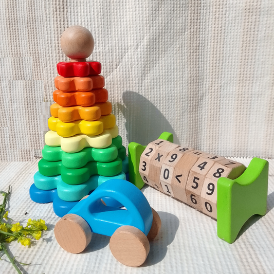 Math Wheel, Flower Tower Stacker And Wooden Car With Garage Combo