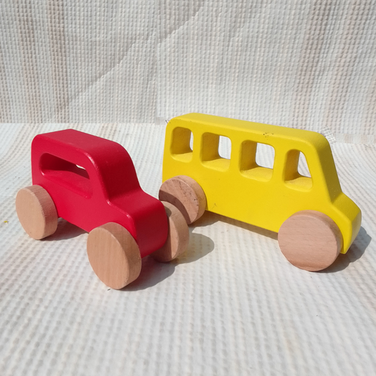 Wooden Vehicle Set With Garage ( Bus And Jeep)