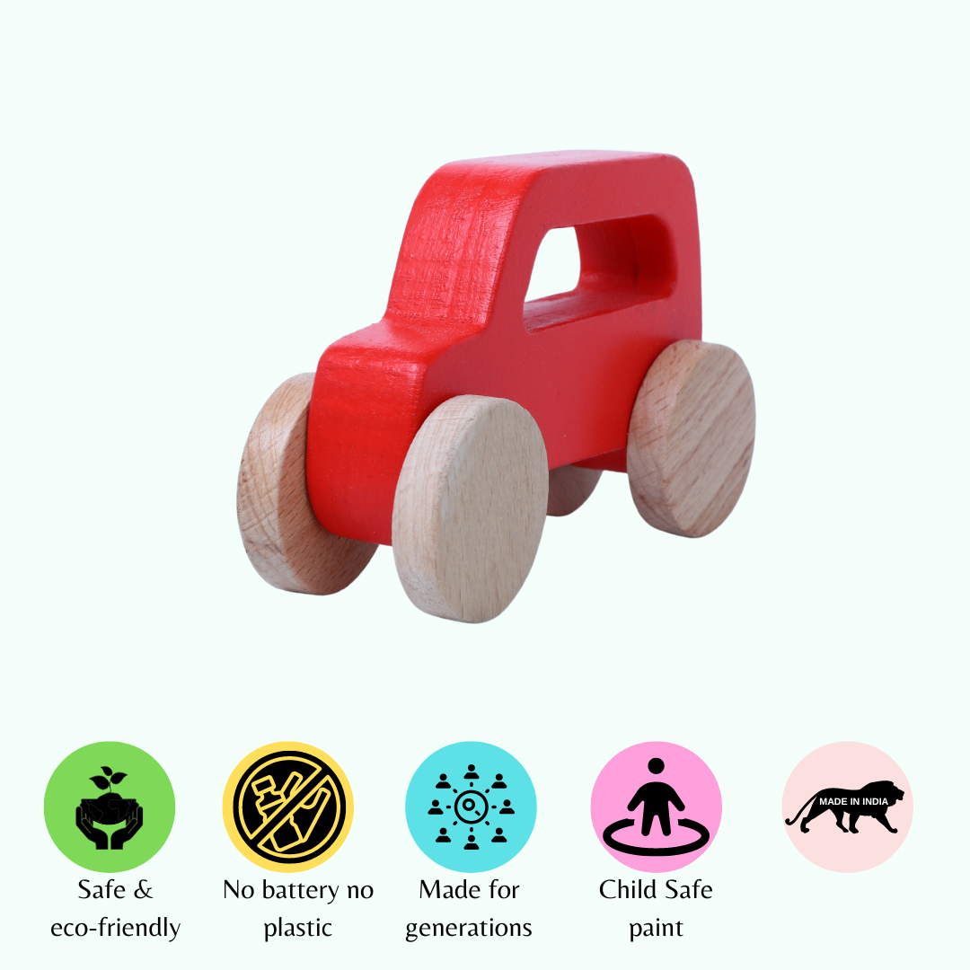 Wooden Red Jeep Toy With Garage