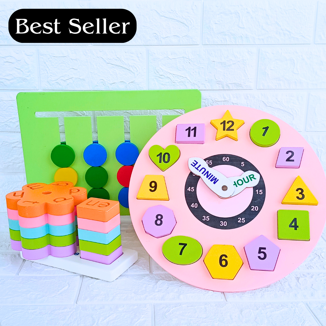 Wooden Logic game Toy, 3 Letter Words And Wooden Puzzle Clock Toy Combo