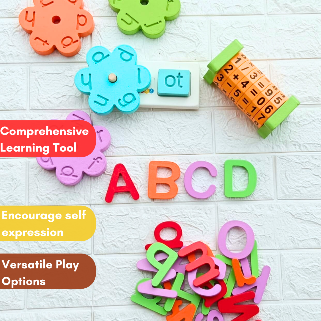 Wooden 3 Letter Words Toy, Math Wheel And English Alphabet Combo