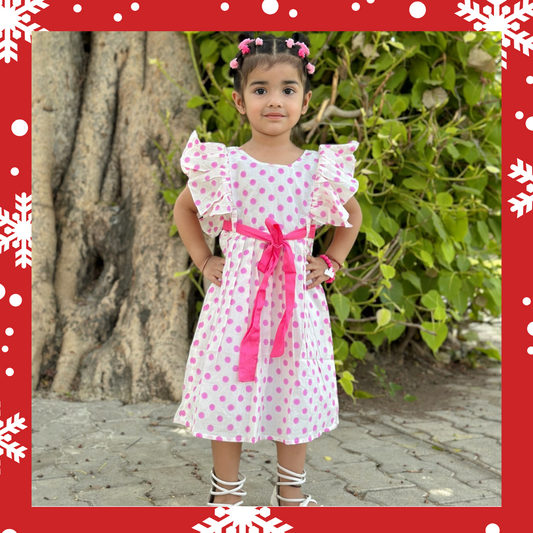 Pink Dot-Print Pure Soft Cotton Dress with Lining