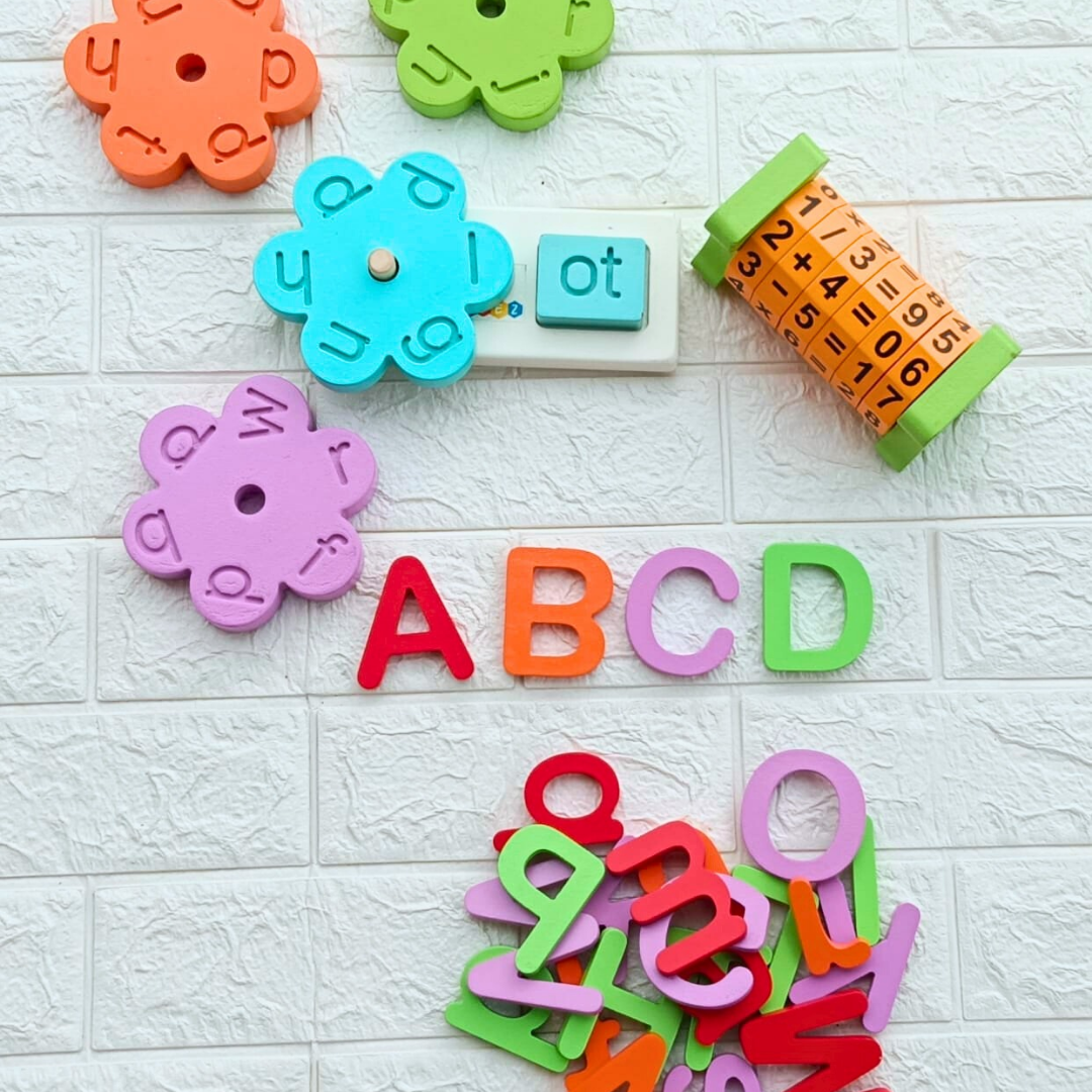 Wooden 3 Letter Words Toy, Math Wheel And English Alphabet Combo