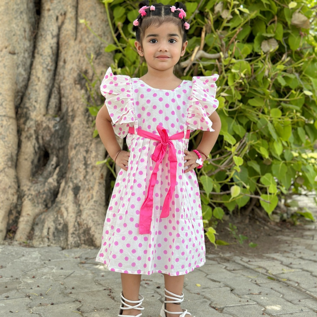 Pink Dot-Print Pure Soft Cotton Dress with Lining