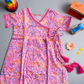 Pink hand block cotton dress, blue car and multi shape stacker