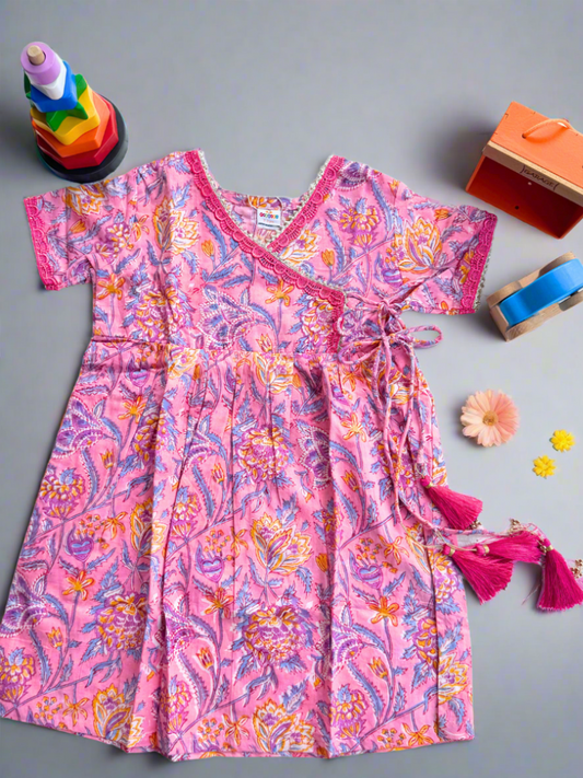 Pink hand block cotton dress, blue car and multi shape stacker