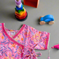 Pink hand block cotton dress, blue car and multi shape stacker