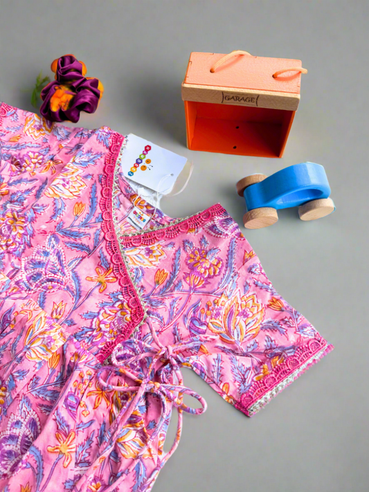 Pink hand block cotton dress and wooden blue car combo