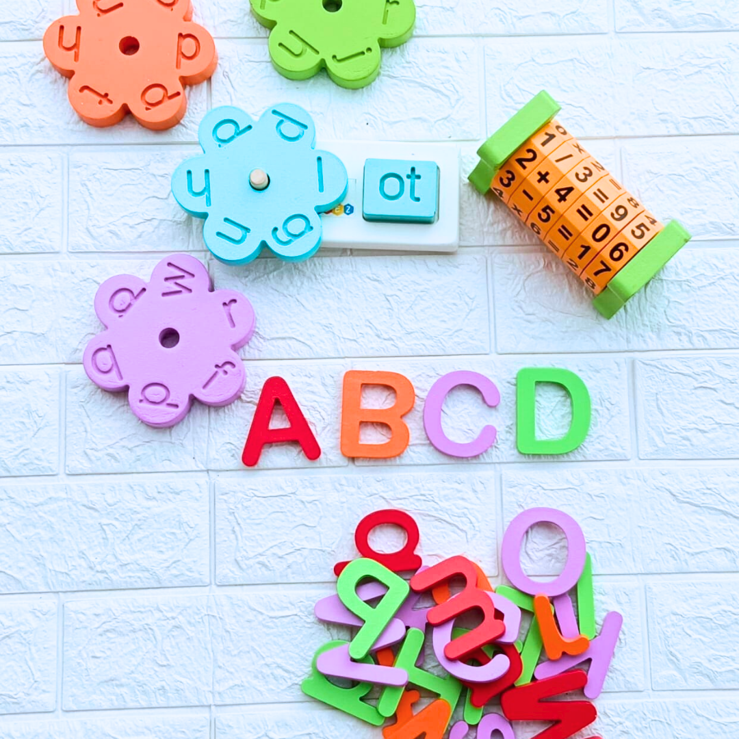 Wooden 3 Letter Words Toy, Math Wheel And English Alphabet Combo