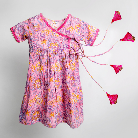 Pink Blossom Handblock Print Cotton Kids Dress
