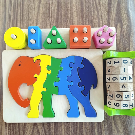 Wooden Puzzle Tray - Elephant, 5 Shapes Stacker And Math Wheel