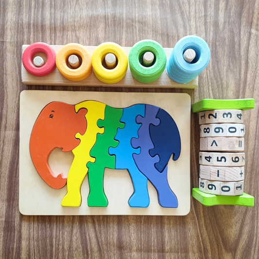 Wooden Puzzle Tray-Elephant, Math Wheel And Ring Stacker