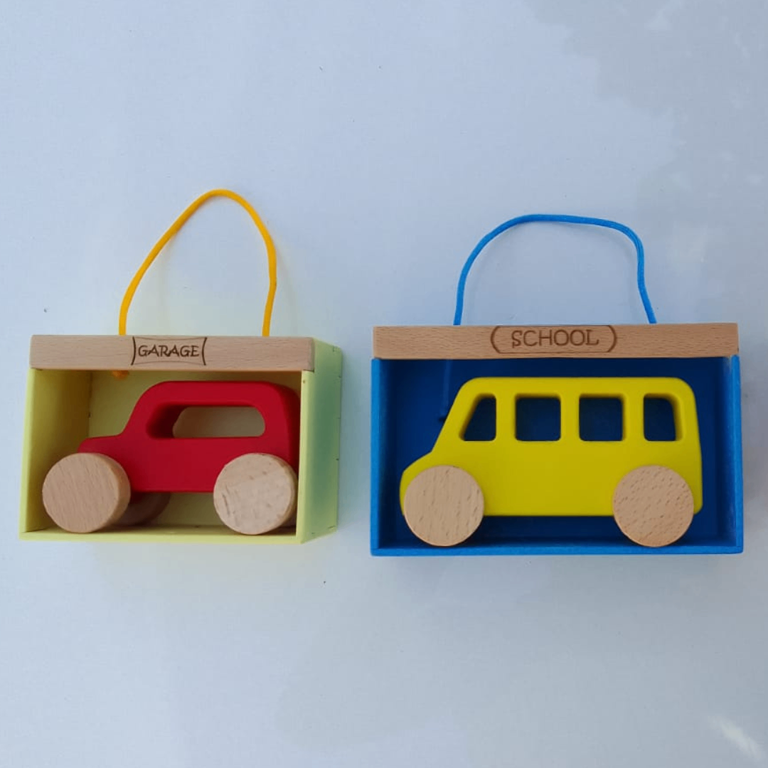 Wooden Vehicle Set With Garage ( Bus And Jeep)