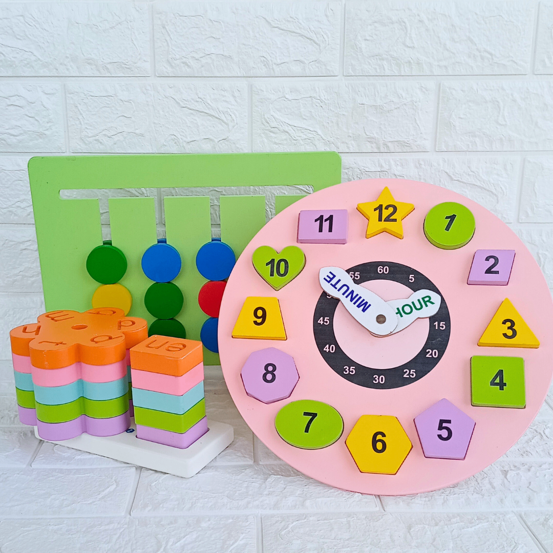 Wooden Logic game Toy, 3 Letter Words And Wooden Puzzle Clock Toy Combo