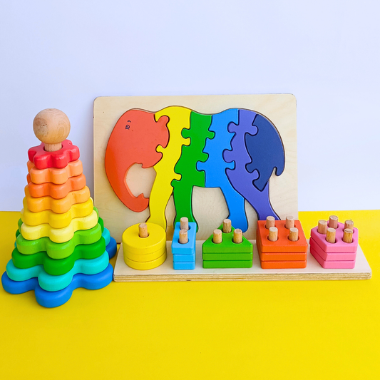 Wooden Big Flower Tower, Elephant Puzzle And 5 Shapes Stacker Combo