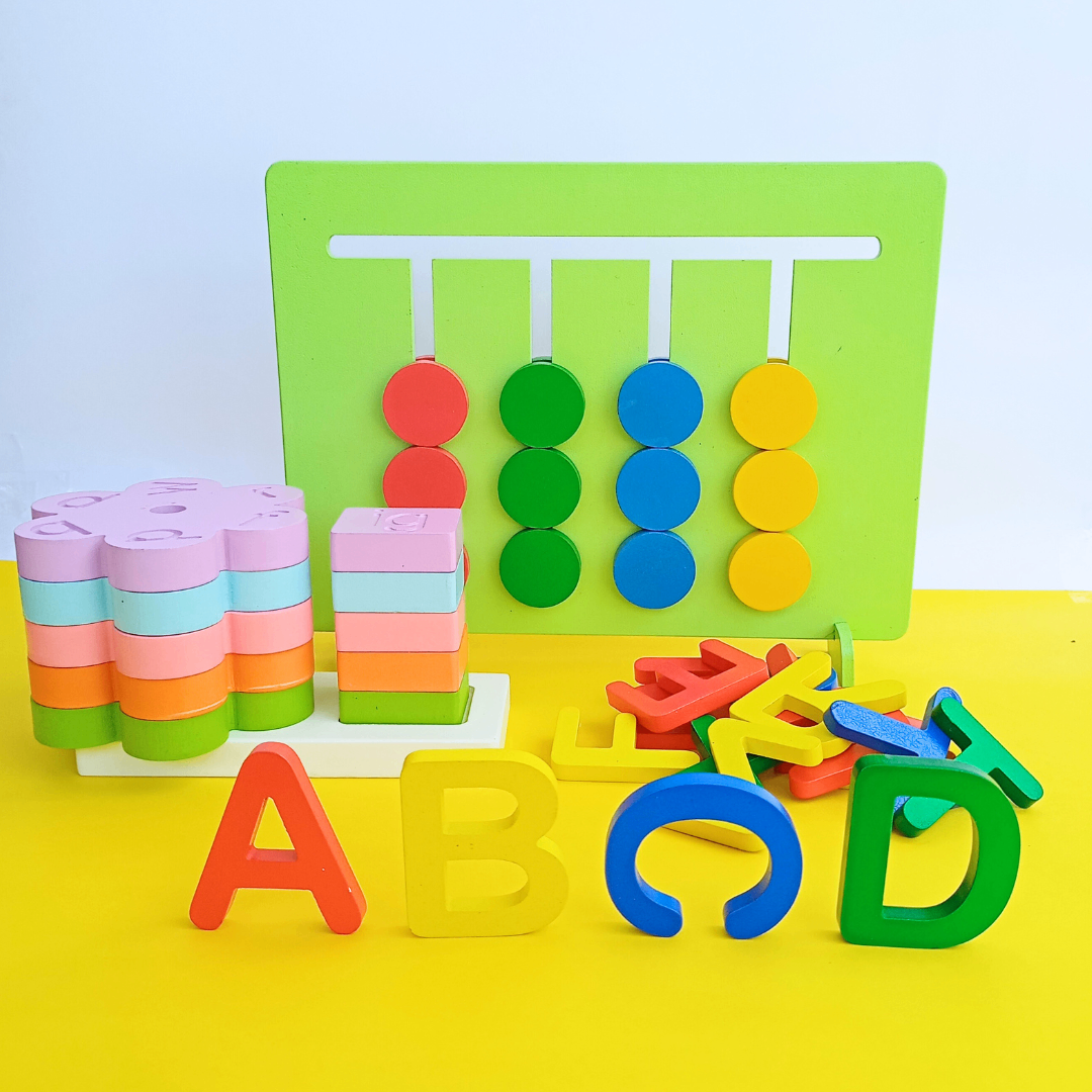 Wooden Logic Game, 3 Letters Words And English Alphabet Combo