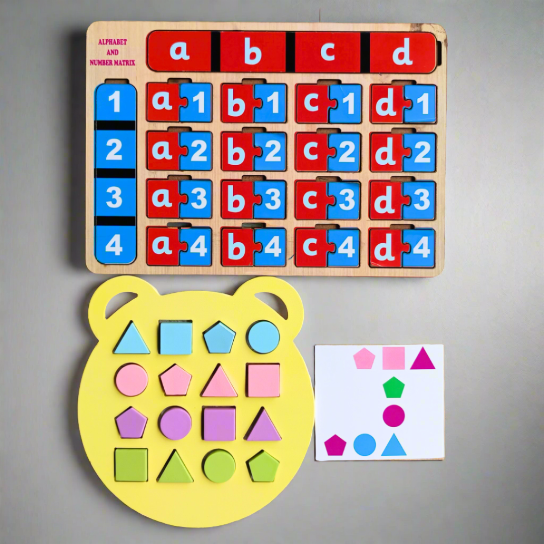 Wooden alphabet matrix toy & shape sorter combo